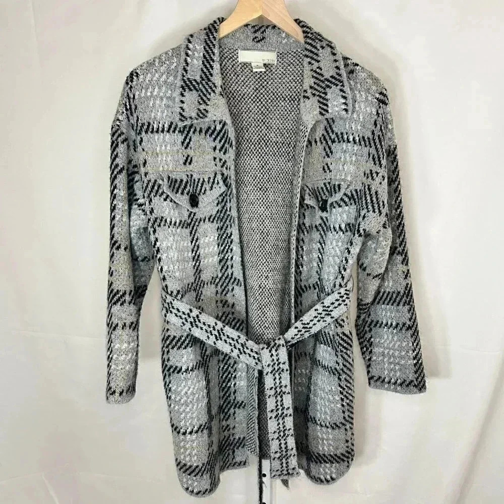 2/$30 By Design Acrylic Belted Cardigan Gray Plaid Size Medium